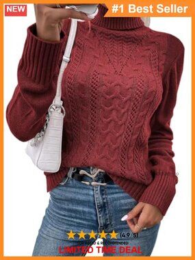 Turtleneck Cable Knit Fitted Sweater Pullover Long Sleeve Top